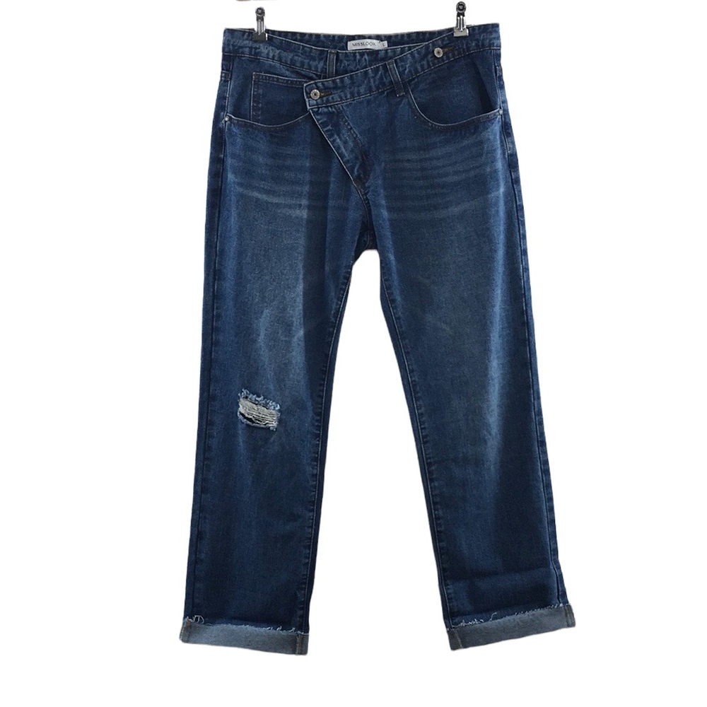 Misslook Straight Jeans Womens Large Medium Wash Denim Raw Hem‎ Cuffed